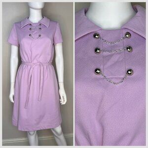 Vintage 1970s Lavender Mod Dress, Jeanne Size Medium, Double Knit Polyester